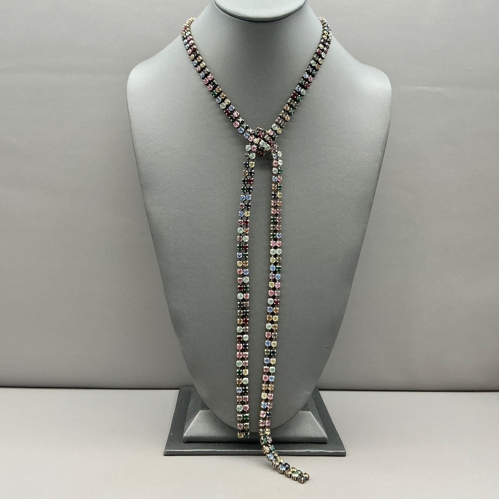 J.Crew Necklace Multicolor Crystal Rhinestone Lariat Statement Gold Tone 30"